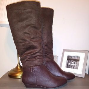 Brown leather and suede knee high boots